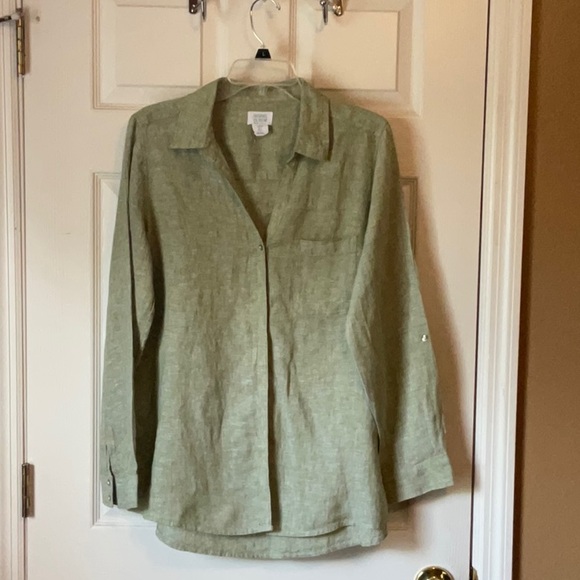 Sigrid Olsen 100% Linen Button Down Long and 3/4 Sleeves Size Large Olive Green - Picture 1 of 16